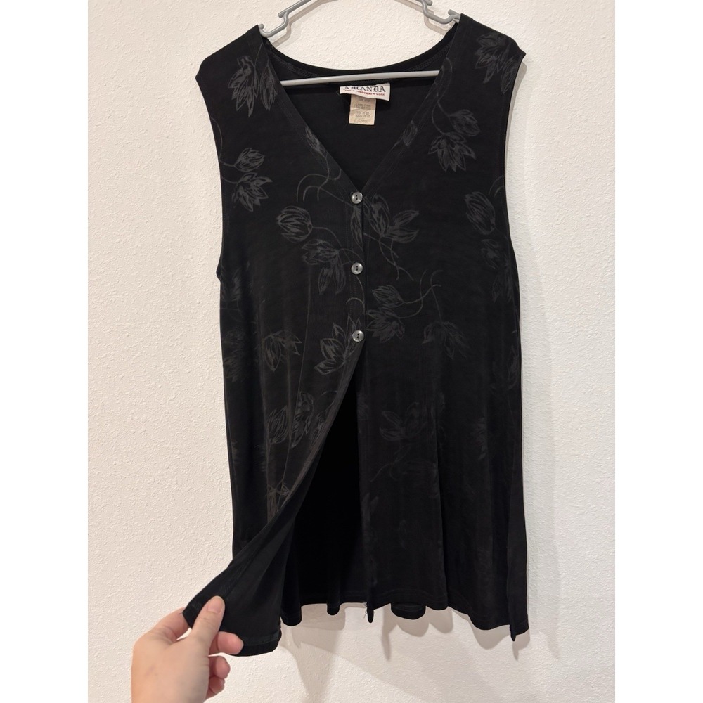 Amanda Black Slinky Knit Floral Shimmer Tee Tunic Button Vest Vintage L